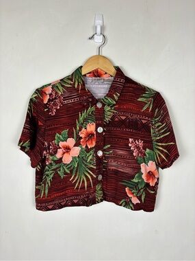 Tropical Hawaiian Crop Top Vintage Liz Baker Button Up Island Boho Resort 12P